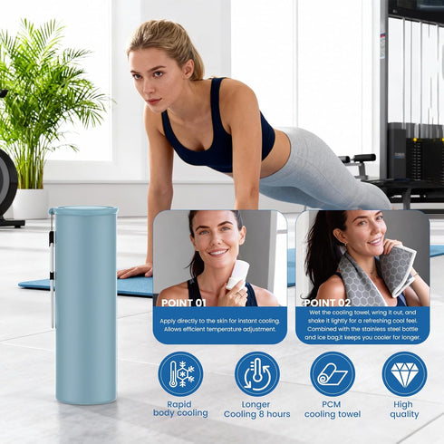 PUREEASE 3-in-1 Commute, COOLING STATION Portable Kit: Insulated Stainless Steel Bottle with Reusable Ice Bag & Cooling