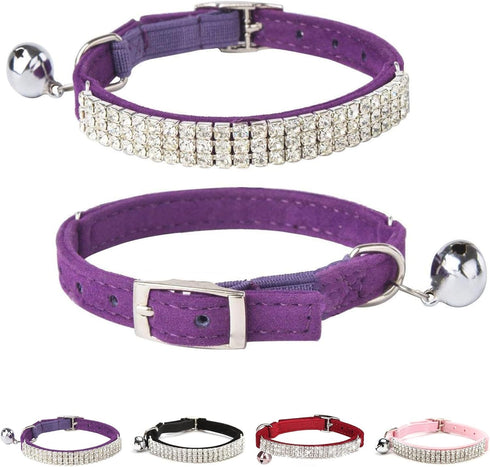 BINGPET Adjustable Diamond Cat Collar, Soft Velvet Leather Kitten Collar with Shiny Rhinestones and Bells, Purple