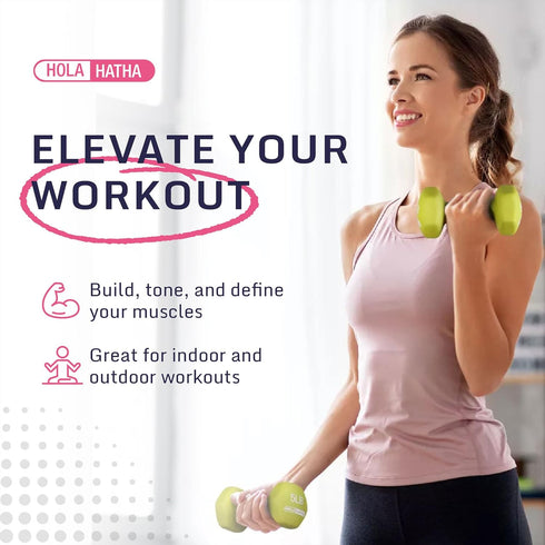 HolaHatha Neoprene Dumbbell Set - 2, 3, 5, 8, and 10 Pound Free Hand Weights with Rack for Home Exercises, Pastel