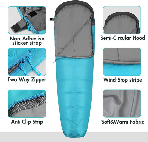VILLEY Mummy Sleeping Bag - Lightweight Backpacking Sleeping Bag for Adults & Kids, 3-4 Seasons
