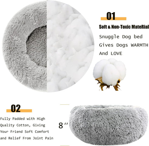 Dog Bed, Calming Dog Beds for Small Medium Large Dogs, Round Donut Washable Bed, Anti-Slip Faux Fur Fluffy Donut
