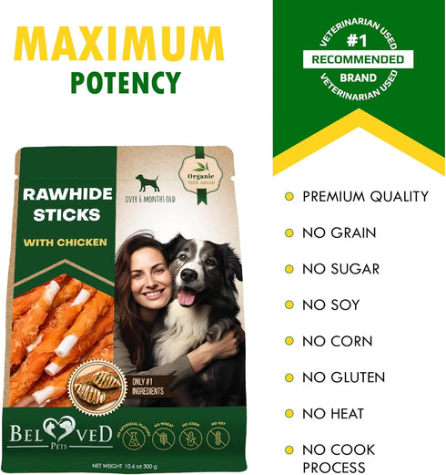 Dog Rawhide Sticks Wrapped with Chicken - Grain Free Chew Treats, Human Grade Dried Snacks in Bulk for Training