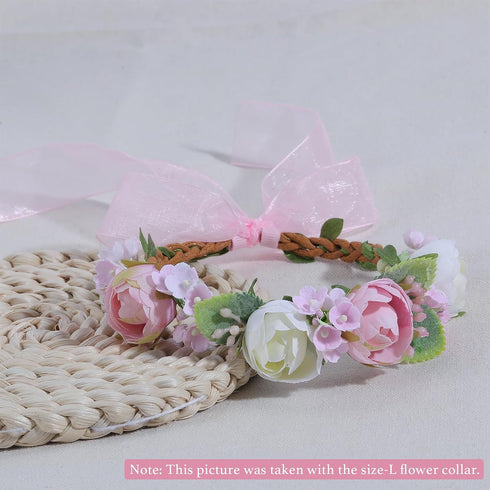 Pet Flower Collar with Adjustable Ribbon, Small Dog Wedding Attire Wreath Bow, Pink Floral Collar for Small Dogs, Cats,