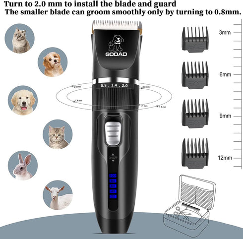 Dog Clippers Grooming Kit, Cordless, Low Noise, Rechargeable, Pet Hair Clippers for Thick Coats, Black