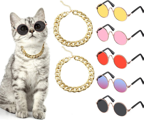 7 Pieces Sunglasses for Cats and Dogs, Gold Chain Costume, Funny Cute Retro Pet Cosplay