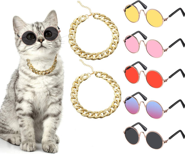 7 Pieces Sunglasses for Cats and Dogs, Gold Chain Costume, Funny Cute Retro Pet Cosplay