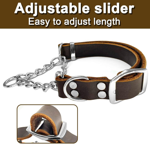 Leather Martingale Dog Collar, Adjustable for Medium Large Dogs, Soft Genuine Cowhide with Stainless Steel Chain (L,