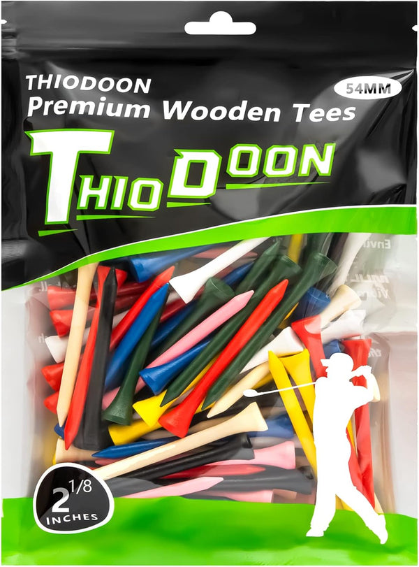 THIODOON Professional Natural Wood Golf Tees - Pack of 100, Multiple Colors Size 3-1/4 inch, 2-3/4 inch, 2-1/8 inch