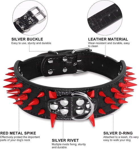 Beirui Heavy Duty Spiked Dog Collar, Stylish Leather Studded for Medium & Large Dogs (Red Rivets & Black Leather,