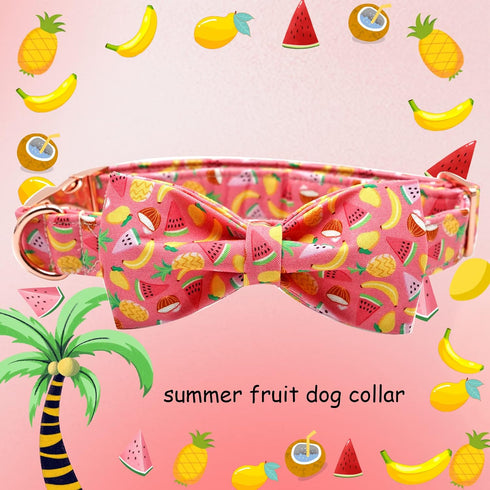 Adjustable Dog Collar with Summer Fruit Print - Bowtie Design for Small, Medium, Large Dogs