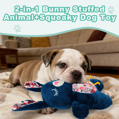 26cm/10.24in Blue Bunny Plush Squeaky Dog Toy for Chewers Puppy Teething Chew Toy Cute Soft Funny Indoor Outdoor