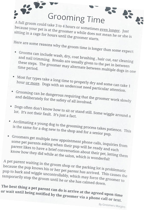 Grooming Time Pad (100 Sheets, 5.5" X 8.5") Describes Why a Dog Groom Takes 3 to 4 Hours or More