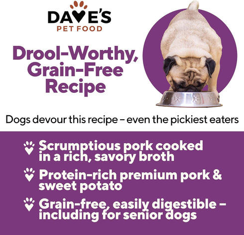Dave's Pet Food Grain Free Wet Dog Food, Pork & Sweet Potato in Broth, 13.2 oz Cans, Case of 12, Made in Canada