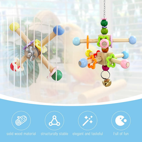 FALESHOS 2 Pcs Parakeet Toys, Natural Wood Spinner with Bells, Hanging Cage Accessories for Small Moderate Birds