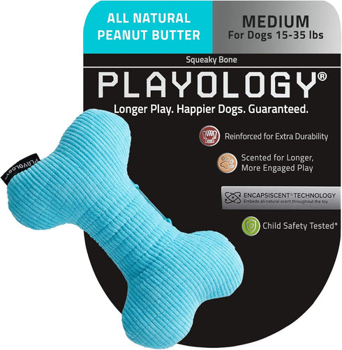 Playology Plush Squeaky Bone Dog Toy, All Natural Peanut Butter Scented with Interactive Squeaker for Medium Dogs (15