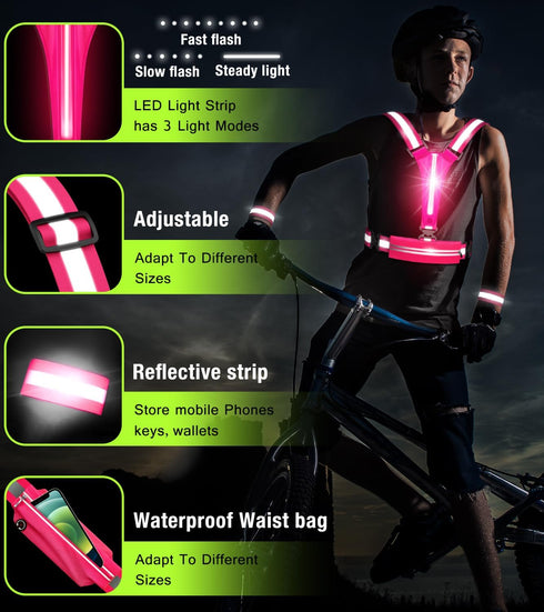 LED Reflective Vest Running Gear Set, USB Rechargeable Light Up Vest for Night Walking, Waterproof Phone Bag & Armband