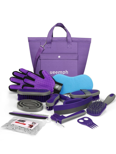Horse Grooming Kit (12-Piece): Brushes, Storage Bag, Sweat Scraper, Mane Comb, Grooming