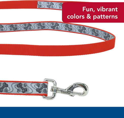 Coastal Lazer Brite Reflective Dog Leash, Red Paws and Bones, 1" x 6'