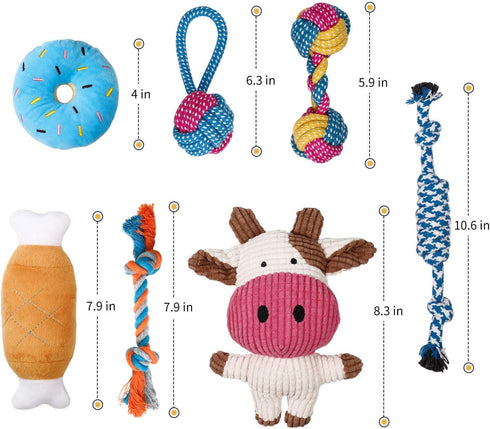 Toozey 7 Pack Small Dog Toys - Puppy Teething Toys - Durable Ropes and Cute Calf Squeaky Dog Toys