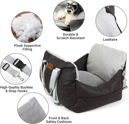 Leath-Aire Dog Car Seat for Small Dogs, Waterproof Booster Seat with Storage Pockets and Clip-On Safety Leash, Portable