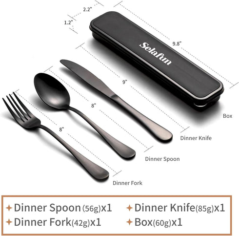 Travel Cutlery Set with Case Portable Silverware Utensils Set,4-pieces Stainless Steel Reusable Flatware Set Cutlery Set for Camping Picnic Hiking Office, Dishwasher Safe (8inch, Matte Black) by Selafun