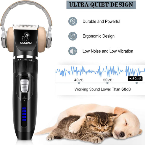 Dog Clippers Grooming Kit, Cordless, Low Noise, Rechargeable, Pet Hair Clippers for Thick Coats, Black