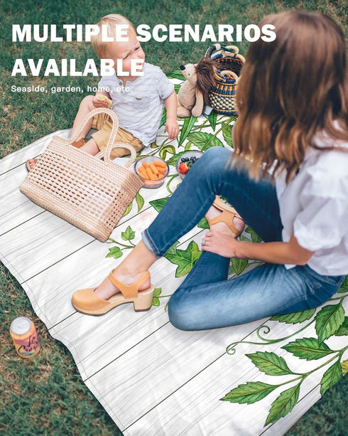 ZFUNCING 108x84in Watercolor Green Leaves Farm Wood Outdoor Waterproof Sandproof Picnic Blankets with Stakes