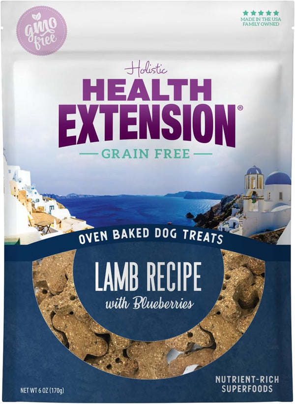 Health Extension 6oz Oven-Baked Dog Treats, Lamb & Blueberry Recipe – Gluten & Grain-Free, Crunchy Biscuits
