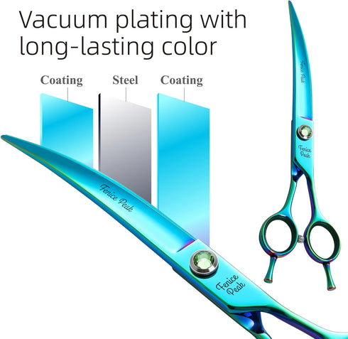 Fenice Peak 7.5'' Green Curved Dog Grooming Scissors - Ergonomic Offset Handle, 440C Durable and Sharp Trimming Shears