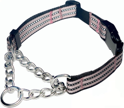 Martingale Collars for Dogs: Heavy Duty Stainless Steel Chain Training Collar, Adjustable Reflective Nylon (Pink, S)