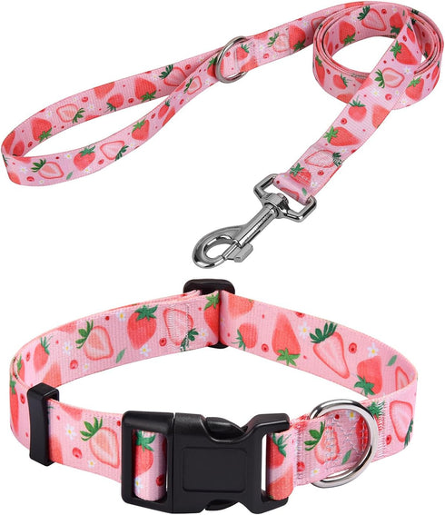 Dog Collar and Leash Set, Adjustable Cute Design with Bohemia Floral Patterns for Small Medium Large Dogs (Strawberry
