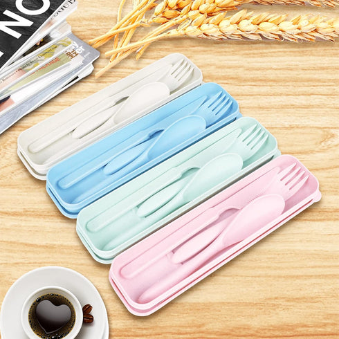 Reusable Travel Utensils Set with Case - Pink Wheat Straw Portable Cutlery for Kids and Adults, Eco-Friendly
