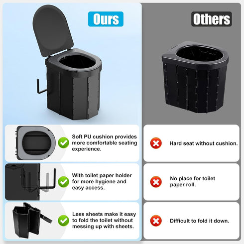 Portable Camping Toilet with PU Cushion, Folding Porta Potty for Adults with Lid and Toilet Paper Holder, Waterproof