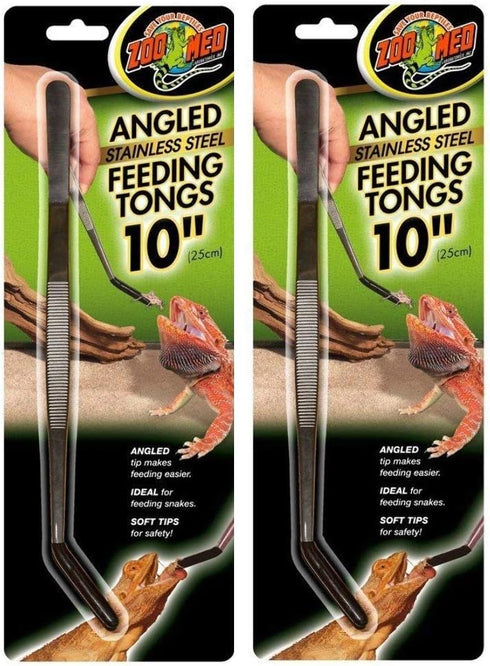 Zoo Med 10 Inch Angled Stainless Steel Feeding Tongs, Ideal for Snakes - 2 Pack