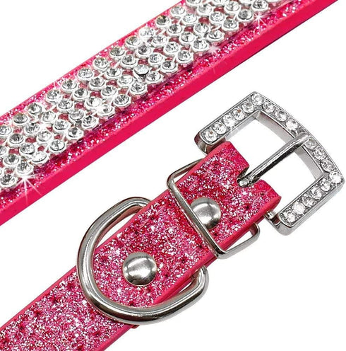 Rhinestone Dog Collar - Cute Dazzling Sparkling Leather Collar for Dog Cat, Crystal Diamond Pet Collar (S:21-27cm, Pink)