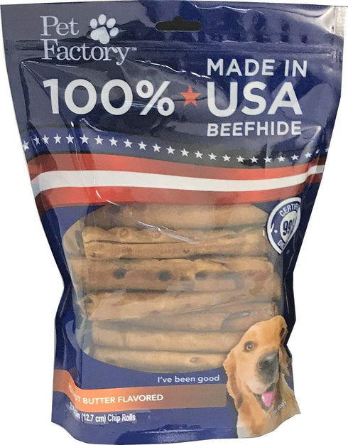 Pet Factory 5" Beefhide Chip Rolls Dog Chew Treats - Peanut Butter Flavor, 20 Count, 100% Made in USA