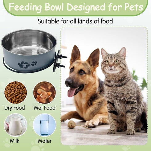 kathson 2 Pcs Dog Kennel Water Bowl - Stainless Steel No Spill Hanging Pet Food Water Bowl for Cats & Dogs (Gray)