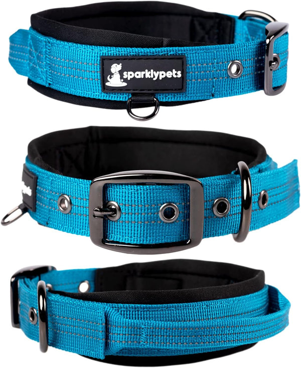 SparklyPets Heavy Duty Dog Collar with Handle for Medium and Large Dogs, Reflective Stitches, Soft Handle (Medium, Blue)