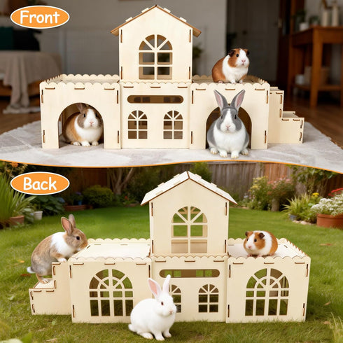 Chinchillas BWOGUE Extra Large Wooden Rabbit Hideout Castle, Detachable Bunny Castle for Rabbits Guinea Pigs, Sturdy