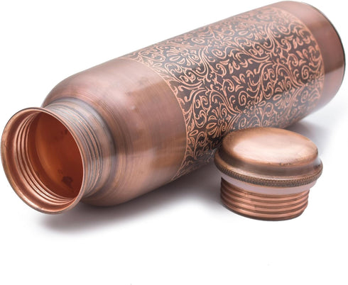 VJR Copper Bottle 33 Oz for Drinking Water Ayurvedic Leak Proof Floral Engraved Design