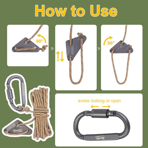 Hikeman 4 Pack Camping Rope with Locking Carabiner Clip, 4mm Reflective Guy Lines with Triangular Adjuster, Nylon Cord