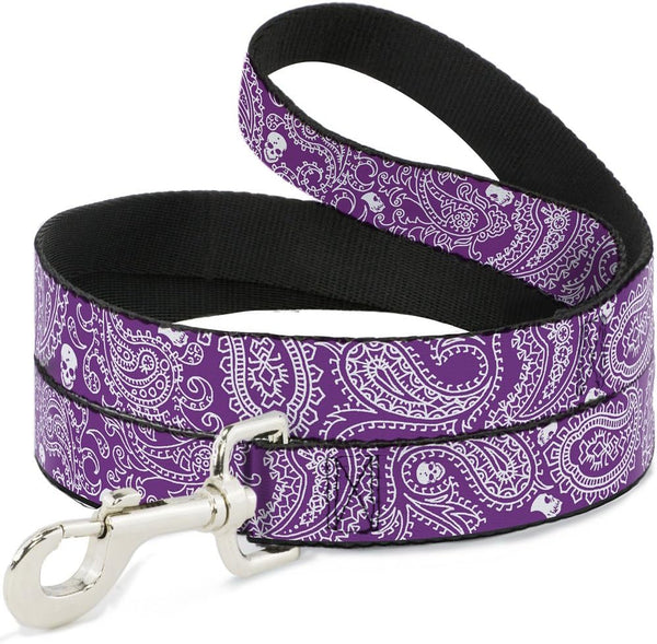 Dog Leash Bandana Skulls, Purple White, 6 Feet Long, 0.5 Inch Wide