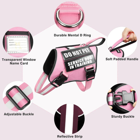 Service Dog Harness and Leash Set, Training Dog Vest with 10 Dog Patches, Emotional Support Therapy Dog Vest Harness for Small Medium Large and Extra Large Dogs(Pink, S)