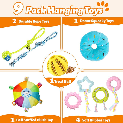 Flickzy 9 Puppy Play Gym with Hanging Toys for Small Dogs, PVC Frame with Bungee Straps, Interactive Indoor Jungle