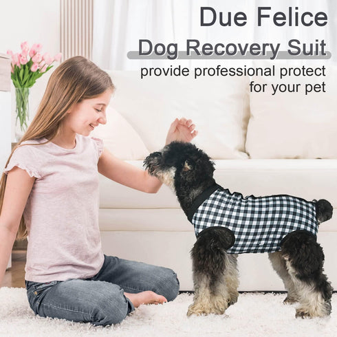 Dog Surgery Suit - Black Plaid Onesie for Female & Male Dog Spay/Neuter Recovery, Medium