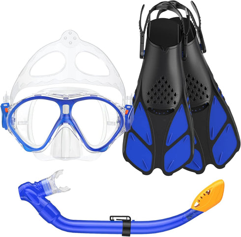 Kids Snorkel Set with Mask Fins Snorkeling Gear, Anti-Fog Swim Goggles and Dive Flippers Combo