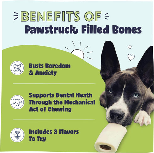 Pawstruck 3 Pack Small 3” Filled Dog Bones - Peanut Butter, Cheese & Bacon, Beef Flavors - Long Lasting Treats