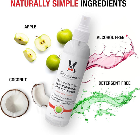 Warren London Waterless Dog Shampoo 8 oz, Green Apple No-Rinse Dry Shampoo Spray, Instant Deodorizer for Smelly Pets