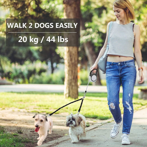 Dual Retractable Dog Leash for Walking 2 Large or Small Dogs (Up to 44 Lbs Each), 16ft Extendable with Poop Bags (Gray,