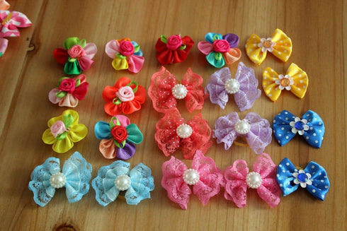 50pcs Dog Hair Accessories, Rhinestone Pearls Bowknots with Rubber Bands, Topknot Bows for Cute Styling